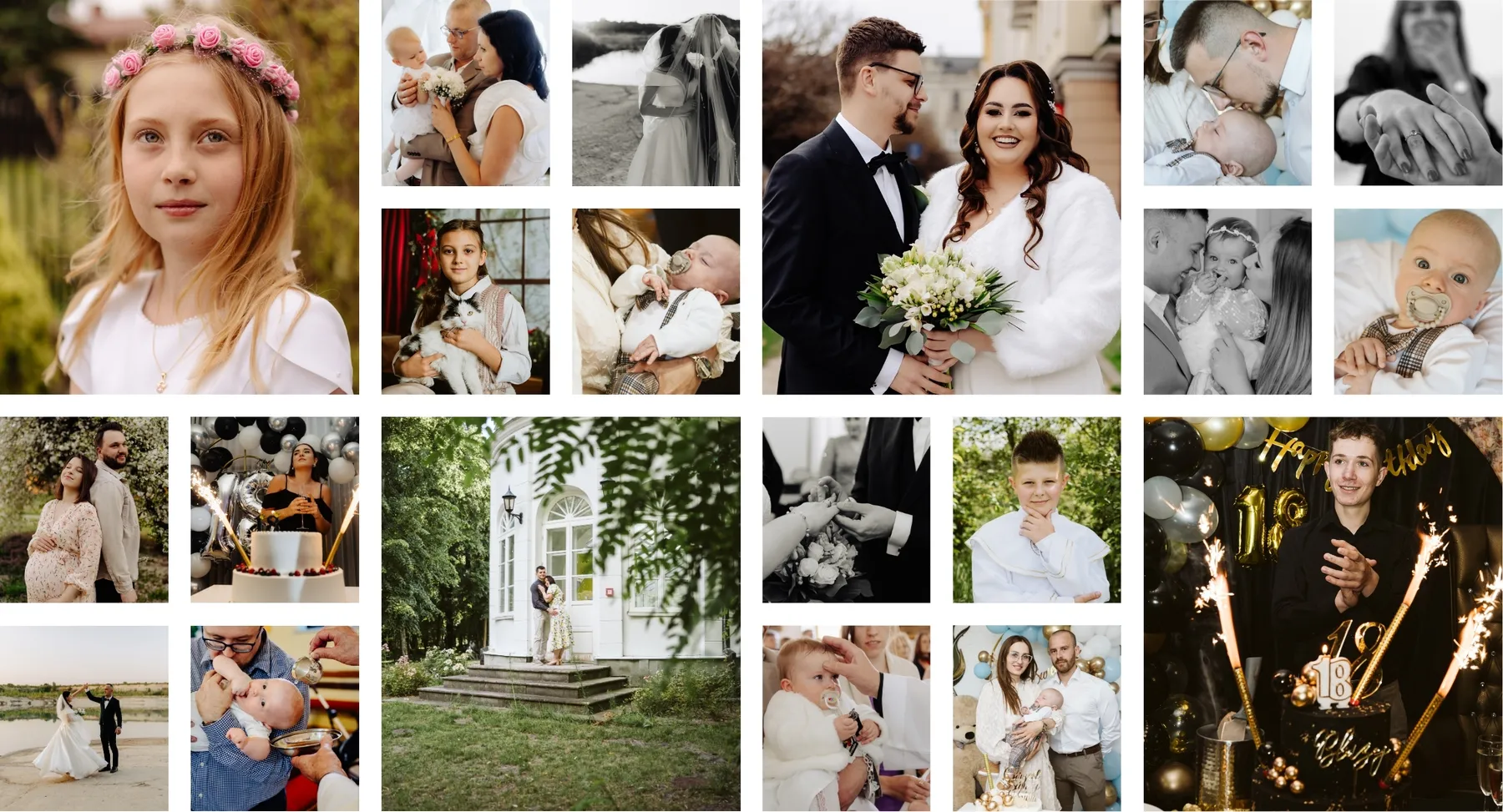Kolaż zdjęć z fotografii okolicznościowej — chrzty, śluby, komunie, urodziny i sesje rodzinne